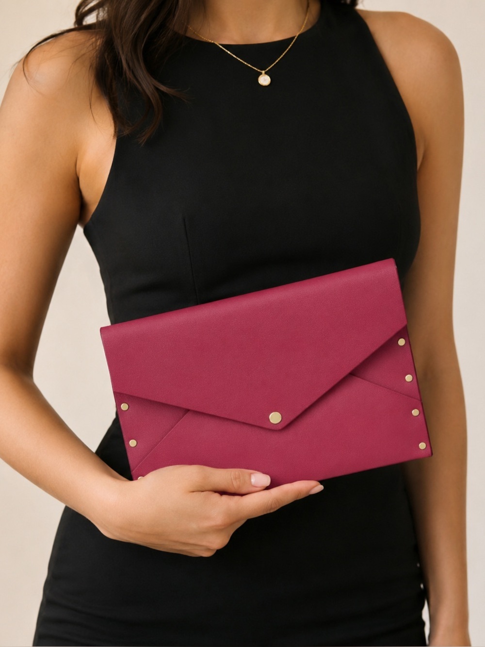 Louis Vuitton Fuschia Calfskin Leather Rivets Envelope MM Clutch Bag